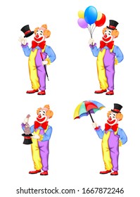April Fool's day. Funny clown, set of four poses. Usable for Circus day. Cheerful cartoon character. Stock vector illustration on white background