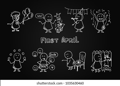 April fools day funny doodle big set. Funny people icons on blackboard. Vector festive illustration.