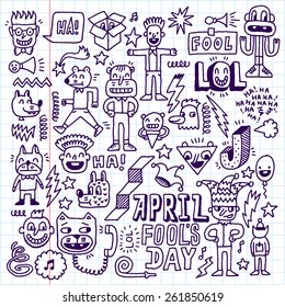 April fools day funny doodle set 1. School notebook. Vector illustration. Hand drawn. 