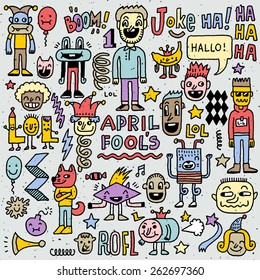 April fools day funny doodle colorful set 2. Vector illustration. Hand drawn. 