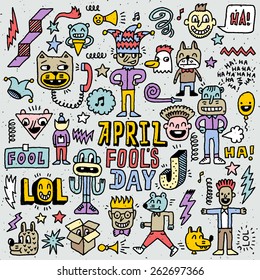 April fools day funny doodle colorful set 1. Vector illustration. Hand drawn. 