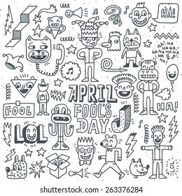 April fools day funny doodle set 1. Vector illustration. Hand drawn. 