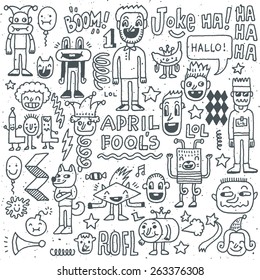 April fools day funny doodle set 2. Vector illustration. Hand drawn. 