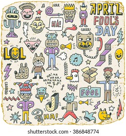 April Fools Day Funny Doodle Vintage Color Set 1. Vector Illustration. Hand Drawn.