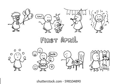  April fools day funny doodle big set. Funny people icons. Vector festive illustration.