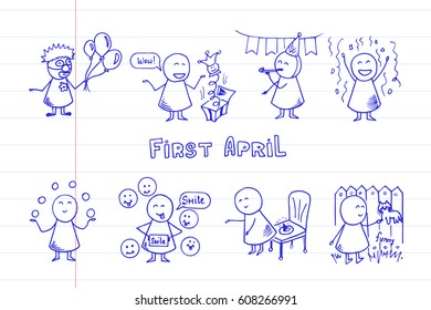  April fools day funny doodle big set. Funny people icons on notebook page. Vector festive illustration.