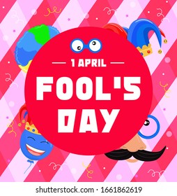 April Fools Day with funny glasses and clown hat. Flat vector illustration for greeting card, banner, promotion, poster, flyer, marketing, and signage. Colorful desing.