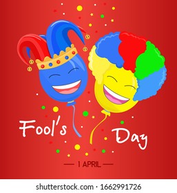 April Fools Day with funny glasses and clown hat. Flat vector illustration