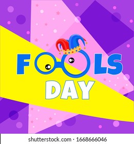 April Fools Day with funny glasses and clown hat. Flat vector illustration for greeting card, banner, promotion, poster, flyer, marketing, and signage. Colorful desing.	