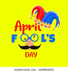 April Fools Day with funny glasses and clown hat. Flat vector illustration for greeting card, banner, promotion, poster, flyer, marketing, and signage. Colorful desing.	