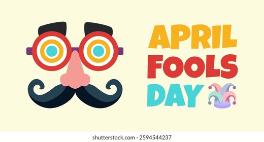 April fools day with funny glasses, mustache, and jester hat illustration design for april fools day event. vector background

