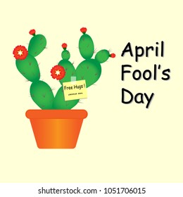  April fool's day gag design, vector illustration. Sharp thorns cactus with paper note "Free Hug " on it.
