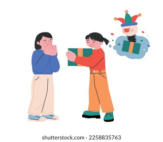 April Fool's Day. A girl is giving her friend a jack-in-the-box gift.