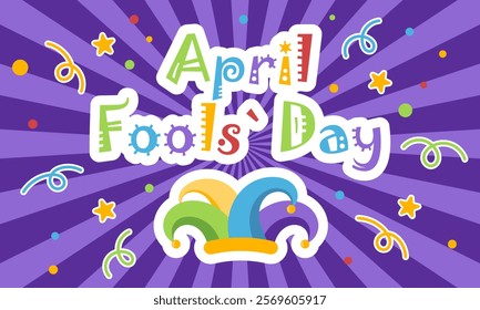 April Fool's day gorizontal festive banner template. Funny design with Jester's hat and slogan on striped background. Vector illustration