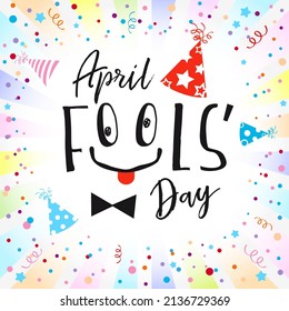 April fools day greeting card. Creative typography as fool's face. Isolated abstract graphic design template. Holiday white backdrop. Happy birthday congratulating sample idea. Decorative calligraphy.