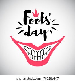 Tarjeta de saludo del Día del Inocente de abril. Composición tipográfica con sonrisa de payaso espeluznante e ilustración de dientes de barras. Sonrisa de bromista y palabras del 1 de abril.