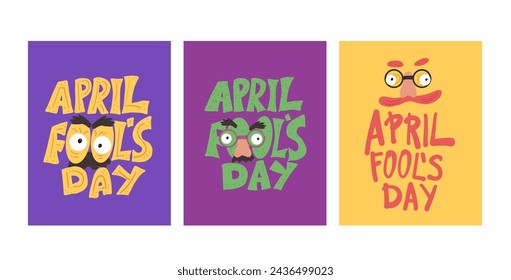 April fools day greeting cards set. Holiday banners collection. Happy face vector hand drawn with handwritten text lettering flat illustration.