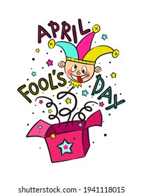 April Fools Day. Hand drawn funny Jack jumping out of the box. Bright toy harlequin isolated on white background. Vector illustration for designs of holiday banners, cards and posters.
