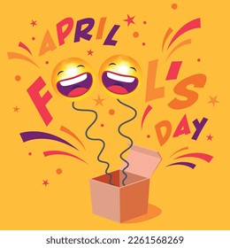 April fool's day. Happy face emojis. 1 April fools day. Celebration vector illustration for your design. Text April fools day springing out of a box