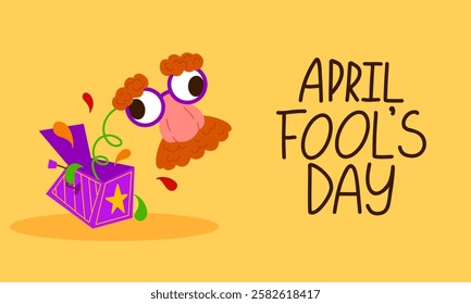 April Fool's Day horisontal banner template. Vector Illustration with hand writing lettering and hand drawn jack in the box springing out of a box. Party invitation. Flyer, poster, brochure, card