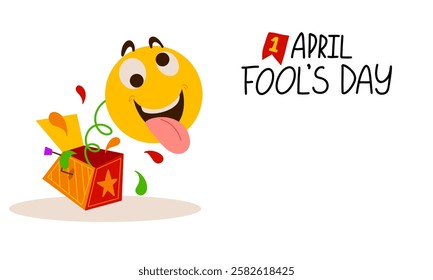 April Fool's Day horizontal banner template with copy space. Vector Illustration with hand writing lettering,  jack in the box springing out of a box. Party invitation. Flyer, poster, brochure, card