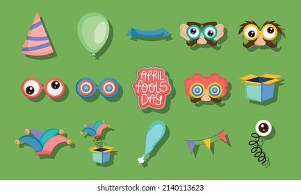 april fools day icon set on green background