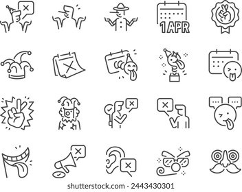 April Fools' Day icon set. It includes fools, clown, prank, lie, joke, and more icons. Editable Vector Stroke.