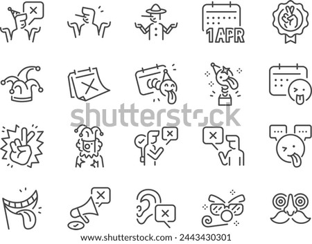 April Fools' Day icon set. It includes fools, clown, prank, lie, joke, and more icons. Editable Vector Stroke.