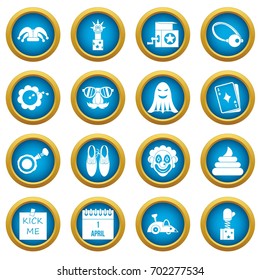 April fools day icons blue circle set isolated on white for digital marketing