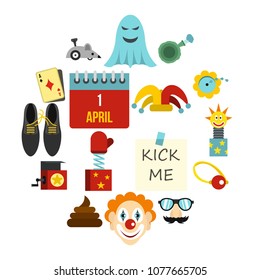 April fools day icons set in flat style. Prank playful actions set collection vector illustration