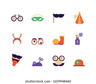 april fools day icons set over white background, colorful and flat style design, vector illustration