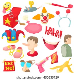 April fools day icons set in cartoon ctyle. Prank playful actions set collection vector illustration