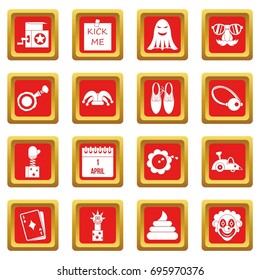 April fools day icons set in red color isolated vector illustration for web and any design