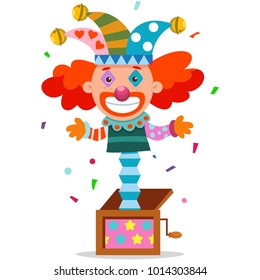 April Fool's Day illustration with clown jumping out of the box. Vector cartoon holiday joker character isolated on a white background.