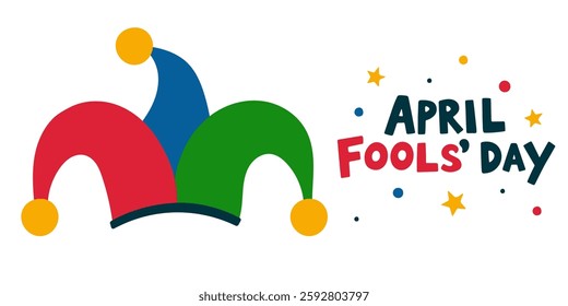 April Fools' Day illustration with a colorful jester hat and festive typography. Playful design for greeting cards, posters, banners, and digital projects related to humor and pranks.