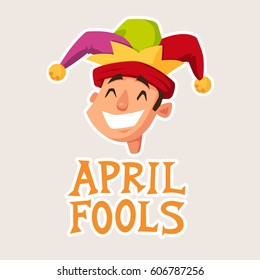 April fools day illustration with typography for greeting card, ad, promotion, poster, flier, blog, article, marketing, signage, email. Man in jester hat vector illustration
