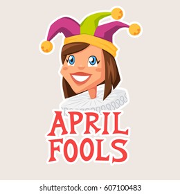April fools day illustration with typography for greeting card, ad, promotion, poster, flier, blog, article, marketing, signage, email. Woman in jester hat vector illustration
