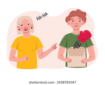  April fools day illustration vector. Girl pranks the boy with a box with a surprise, boy in state of fright.