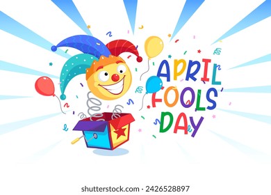 April fool's day jack-in-the box toy, Joyfull clown cartoon character vector banner