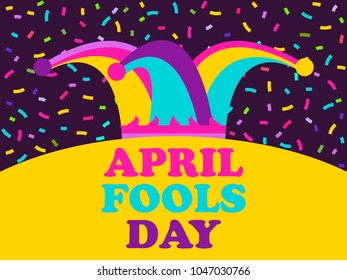 April Fools Day. Jester hat and confetti. Greeting card, colorful design. Vector illustration