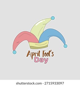 Ilustração de chapéu bobo do Dia da Mentira de abril. Etiqueta de vetor brincalhão com boné de tolo colorido e etiqueta de texto, ideal para cartões de férias, convites de brincadeiras, ou gráficos de mídia social para comemorar enganos divertidos