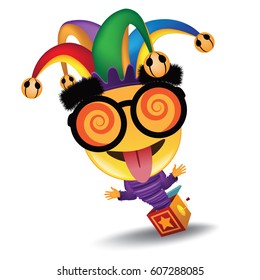 April Fools Day jester hat, silly glasses jack in the box design. EPS 10 vector. 