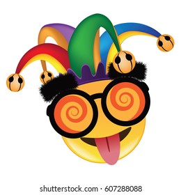 April Fools Day Jester Hat, Silly Glasses Emoticon Design. EPS 10 Vector. 