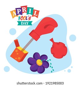 april fools day lettering with box glove and funny icons vector illustration design