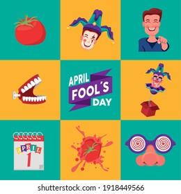 april fools day lettering with eight set icons vector illustration design