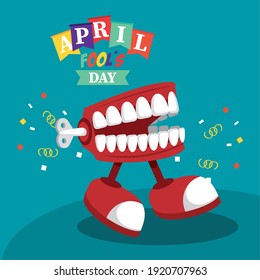 April Fools Day Lettering With Joke Denture Walking Vector Illustration Design