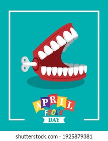 April Fools Day Lettering With Joke Denture Vector Illustration Design