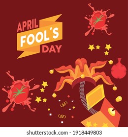 april fools day lettering with surprise box and popped tomatoes vector illustration design