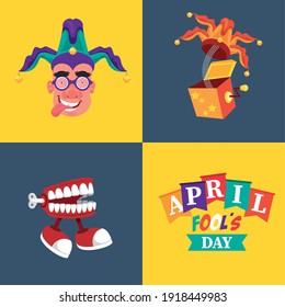 april fools day lettering with three icons vector illustration design
