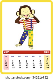 April. Fool's day. Monkey clown. 
2016 Calendar with cute monkey (2016 symbol) - holidays all year round.